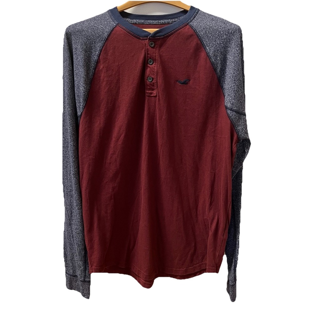 Hollister Raglan Henley Shirt Men XL Y2K Style Burgundy Blue Preppy Long Sleeve